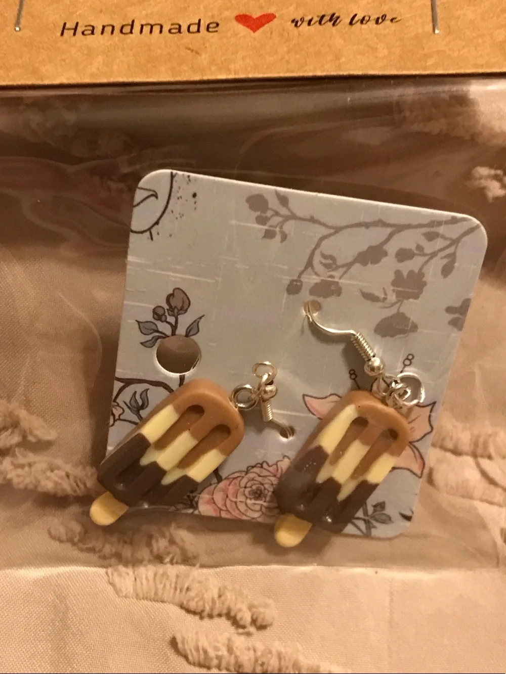 Handmade Brown & Cream Popsicle, Silver Music Note and Butterfly Earrings